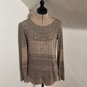 Vocal USA Rhinestone Knit Sweater Taupe Lightweight Open Knit Women’s Glam Top